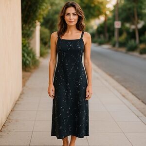 Maxi black‎ dress with silver and blue-gray flowers vintage 90s